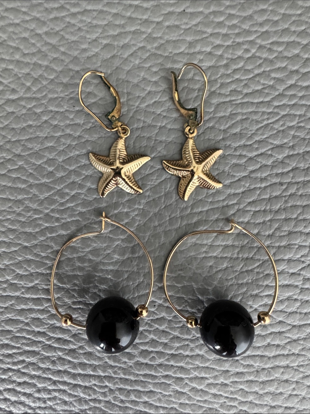 TWO PAIR PIERCED 14K GOLD FILLED EARRINGS STARFISH ONYX HOOPS